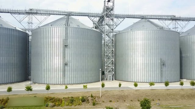Aerial view. Plant for storage and processing of grain. Metal Grain Elevator