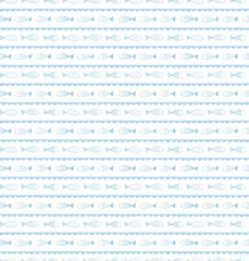 Cute hand drawn seamless vector pattern with ocean waves, fish, on a white background. Scandinavian design style. Concept for summer, beach, kids textile print, wallpaper, wrapping paper.