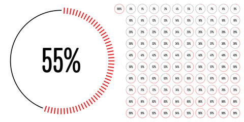 Set of circle percentage diagrams from 0 to 100 ready-to-use for web design, user interface (UI) or infographic - indicator with red