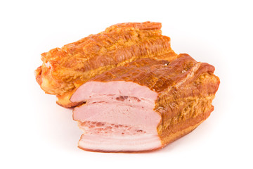 Two pieces of smoked brisket with a layer of bacon isolated on white background. Meat products