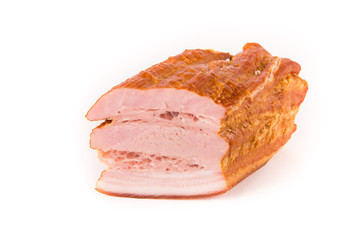 Smoked brisket with a layer of bacon isolated on white background. Meat products