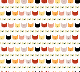Cute hand drawn seamless vector pattern with funny cat faces, bows, on a white background. Scandinavian design style. Concept for kids textile print, wallpaper, wrapping paper.
