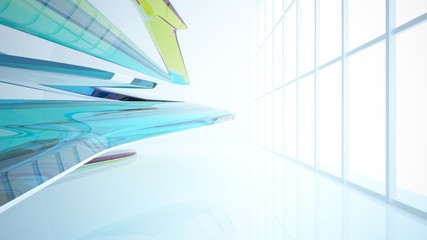 Abstract white and colored gradient glasses interior  with window. 3D illustration and rendering.