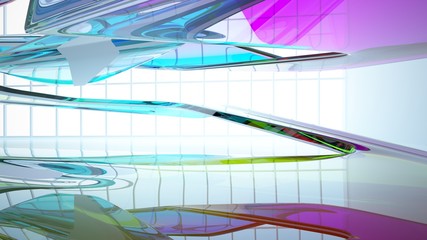 Abstract white and colored gradient glasses interior  with window. 3D illustration and rendering.