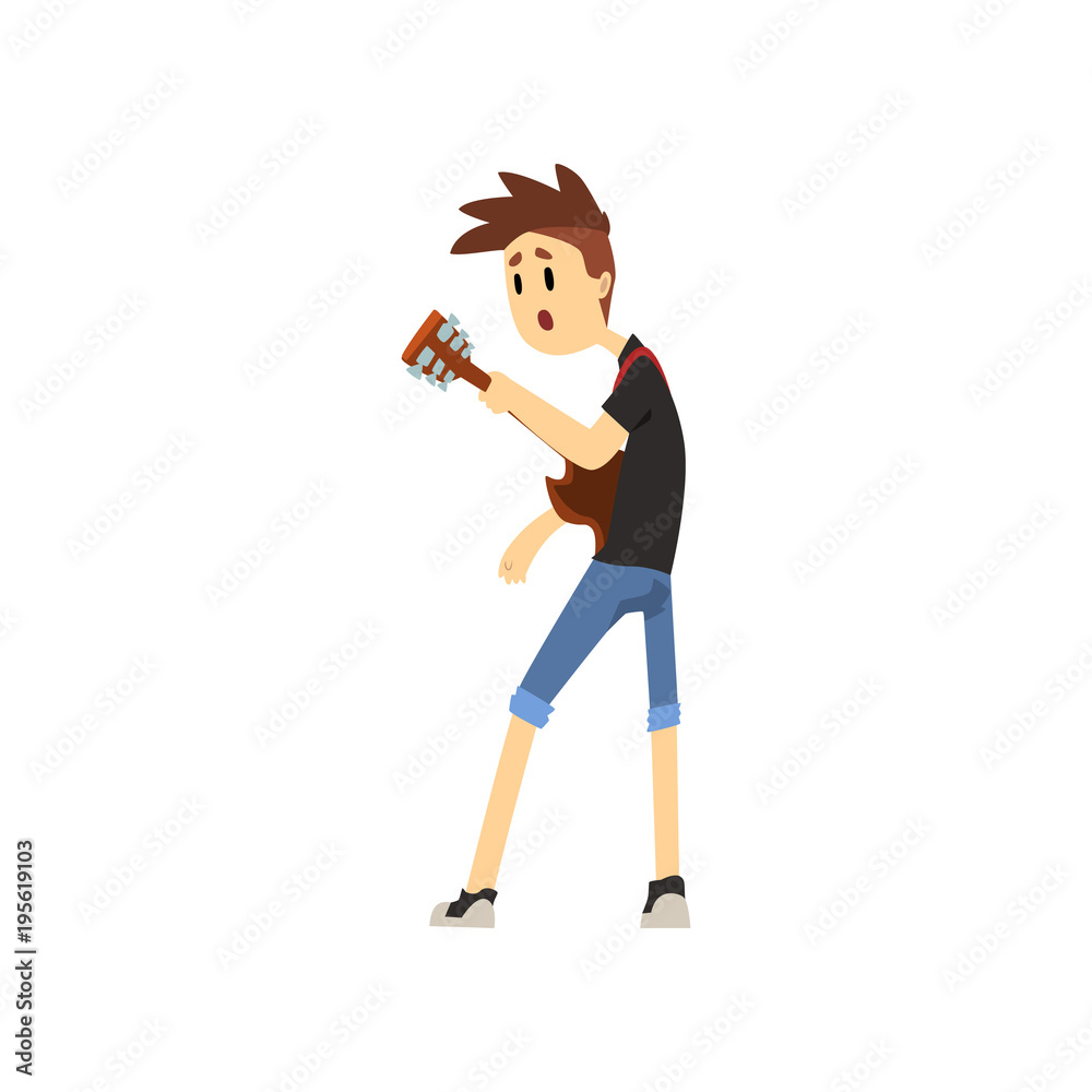 Poster Teenager boy playing on guitar. Cartoon character of young artist with stylish haircut in blue shorts and black t-shirt. Guitarist of rock band. Flat vector design