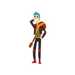 Fototapeta na wymiar Cheerful guy with guitar on his back. Funny musician with blue hair dressed in stylish clothes. Cartoon guitarist of punk-rock band. Colorful flat vector design