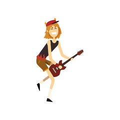 Teen boy playing on guitar. Young guitarist performing on stage. Cartoon kid character in cap with horns, green shorts and black shirt. Colorful flat vector design