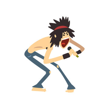 Metal Or Rock Singer With Crazy Hair Singing Into Microphone. Cartoon Character Of Guy In Ripped Skinny Jeans. Young Vocalist Performing On Stage. Flat Vector Design