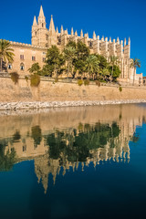 Fototapeta na wymiar La Seu, gothic cathedral built on a previous mosque, Parc de la Mar (Park of the Sea), Palma de Mallorca (Majorca), Balearic Islands, Spain