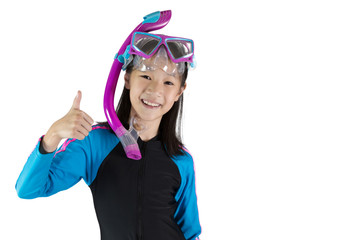 Asian girl wearing a diving mask isolated on white background; swim and sport concept
