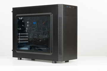 Midi tower computer case with transparent side panel on white background.
