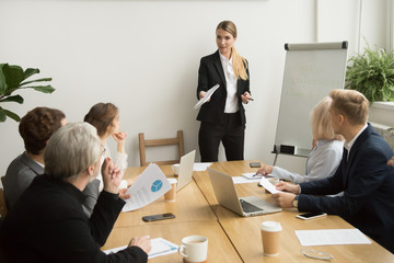 Successful businesswoman giving presentation to business team, female ceo leader coaching teaching on corporate training, woman boss talking planning explaining answering questions at group meeting