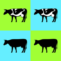 Cow vector silhouette set isolated on green and blue background. Cow icon or logo for farm store or market. Milk, dairy, farm product design element.