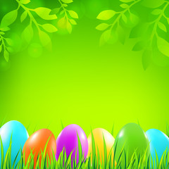 Easter background with multicolor eggs, grass and leaves. Vector illustration.
