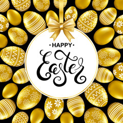 Happy easter card with handwritten calligraphy lettering, paper frame with bow and gold eggs pattern. Vector illustration.