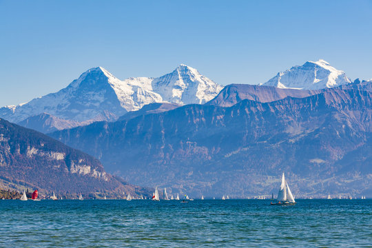 Switzerland, Canton of Bern, Lake Thun and alpine panorama