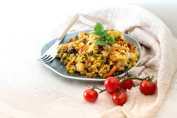 asian food chicken noodles on the table