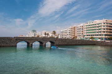 Obraz premium Arrecife harbor cityscape, in Lanzarote, Canary islands, Spain.
