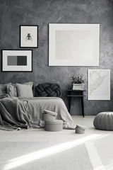 Monochromatic bedroom with gray pillows