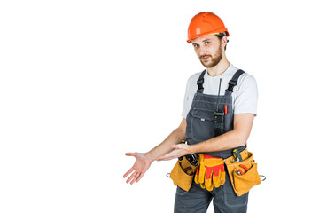 The man builder shows something. Isolated over white background.