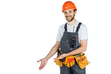 The man builder shows something. Isolated over white background.