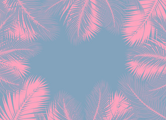 Fototapeta na wymiar pink Palms leafs blue background concept