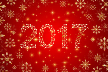 Text design Christmas and Happy new year 2017. Graphic background molecule and communication. Connected lines with dots. Lines plexus. Scientific cybernetic illustration.