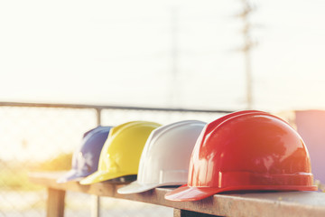 Safety hardhat Helmet Engineering Construction worker equipment. Hard hat protecting head for...