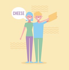 Young couple taking a selfie with phone. Cartoon man and woman.