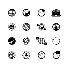 Black silhouette and line icons of planets and Earth. Global communication and social icons. Connection concept. Vector logos