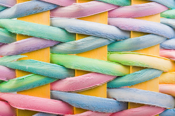 Close up detail of a colorful woven Easter basket.