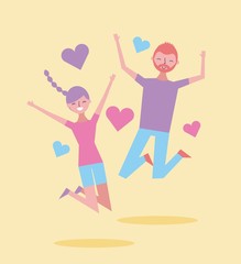Fototapeta na wymiar couple happy smiling jump enjoy cartoon heart decoration vector illustration