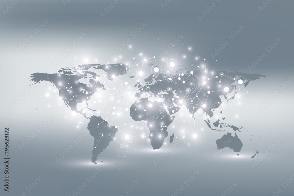 Aufkleber World map with global technology networking concept. Digital data visualization. Lines plexus. Big Data background communication. Scientific illustration.