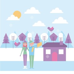 people couple making selfie in winter house trees vector illustration
