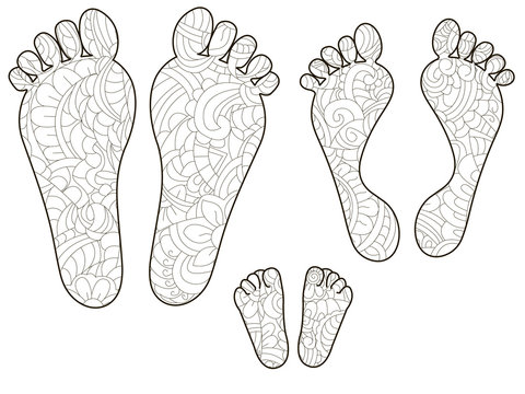 Footprints, Dad, Mom And Baby. Anti Stress Coloring, Vector For Adults.