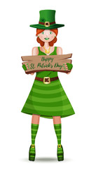 leprechaun girl congratulates on St. Patricks Day. Cute girl in a green leprechaun suit. Happy St. Patrick's Day. Vector illustration