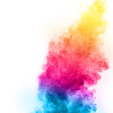 Multicolored powder explosion isolated on white background.