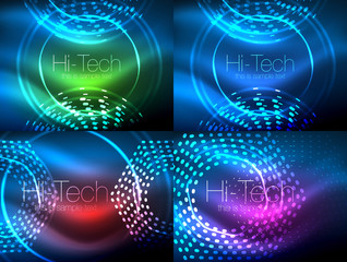 Set of glowing neon techno shapes, abstract background collection. Vector futuristic magic space wallpapers