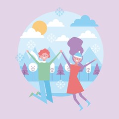 couple together happy jumping in winter season landscape vector illustration
