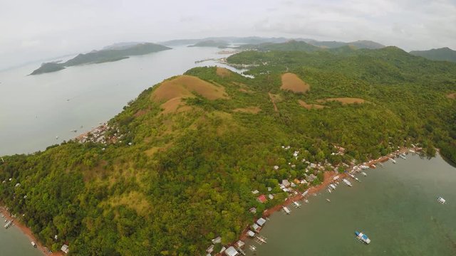 Aerial view of small islands Siete Pecados near in Coron Bay. Palawan. Overcast.