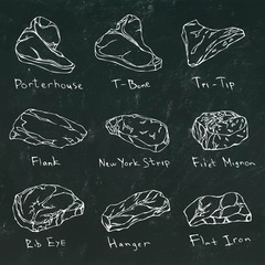 Steak Types Set. Beef Cuts on a Black board. Meat Guide for Butcher Shop or Steak House Restaurant Menu. Hand Drawn Illustration. Savoyar Doodle Style. Porterhouse, T-bone, New York Strip, Rib Eye.