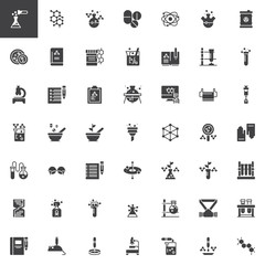 Chemistry elements vector icons set, modern solid symbol collection, filled style pictogram pack. Signs, logo illustration. Set includes icons as molecule, atom, flask, test tube, microscope, beaker