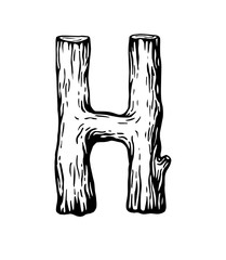 Black engraving Letter H made of wood with leaves on the white background