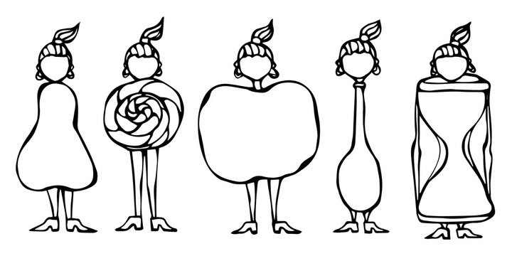 Pear, Lollipop, Apple, Spoon, Hourglass Women Body Type Figure Shape Sketch. Hand Drawn Vector Illustration. Caricature. Savoyar Doodle Style.