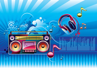 Boom box and notes on bright background