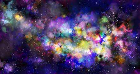 Star field in galaxy space with nebulae, abstract watercolor digital art painting for texture...