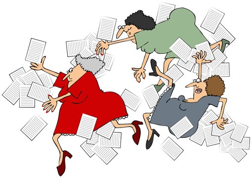 Illustration of 3 women office workers depicting accidents of slipping, tripping & falling spilling papers.