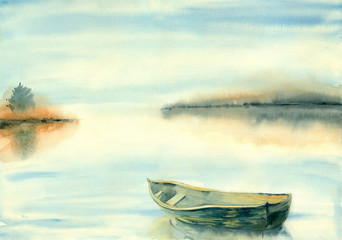 Nature background. Watercolor painting landscape. Dawn on the lake with boat. - 195634333