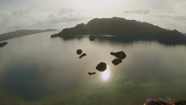 Aerial view of small islands Siete Pecados near in Coron Bay. Palawan. Overcast.