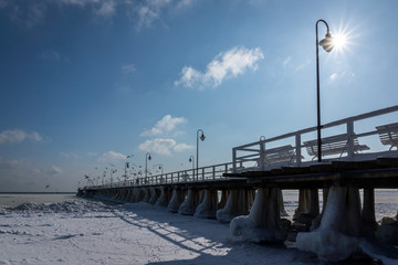 Baltic pier in Gdynia Orlowo at winter, Pomorze, Poland